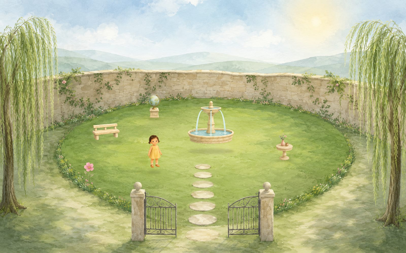 A warm watercolor courtyard with willow trees, an open gate and a small fountain